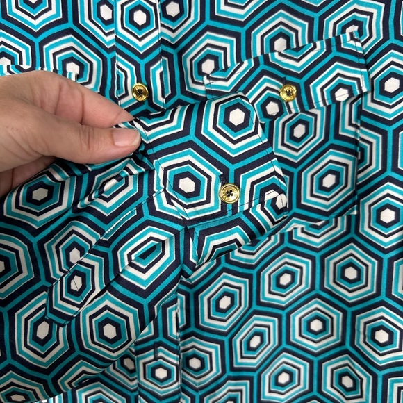 Anne Klein midi dress, S, Blue Geometric Pattern Sheath, gold accent, Groovy - Picture 5 of 10